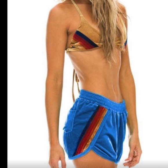 Aviator Nation Blue Velvet Rainbow Stripped Joggers Shorts size xs unisex - Picture 1 of 4